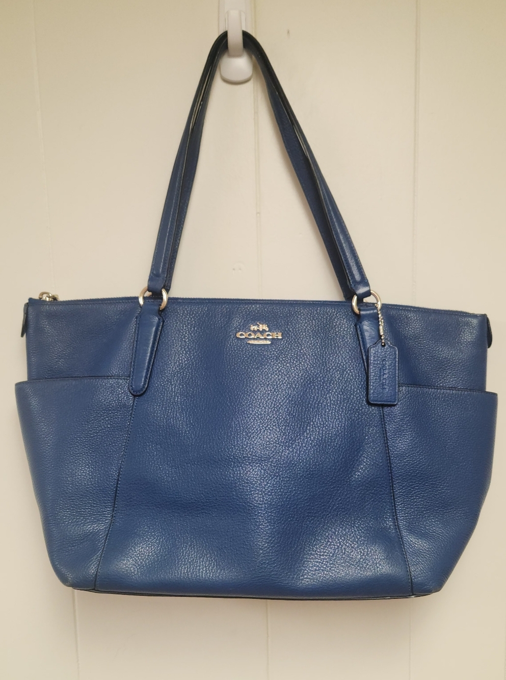 Coach Blue Pebbled Leather Tote with Exterior Pockets
